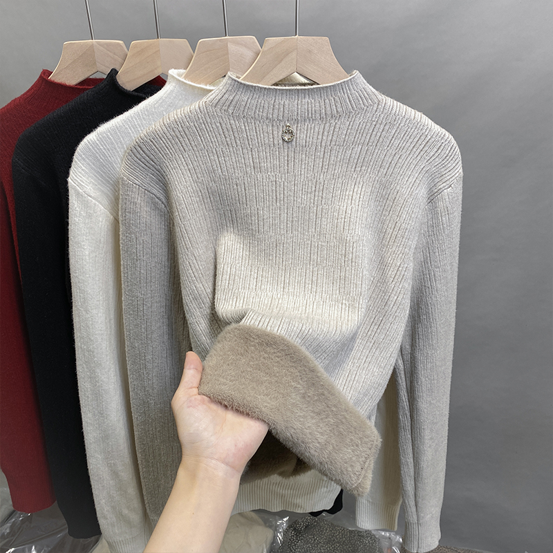 一体绒半高领毛衣女加绒厚打底衫