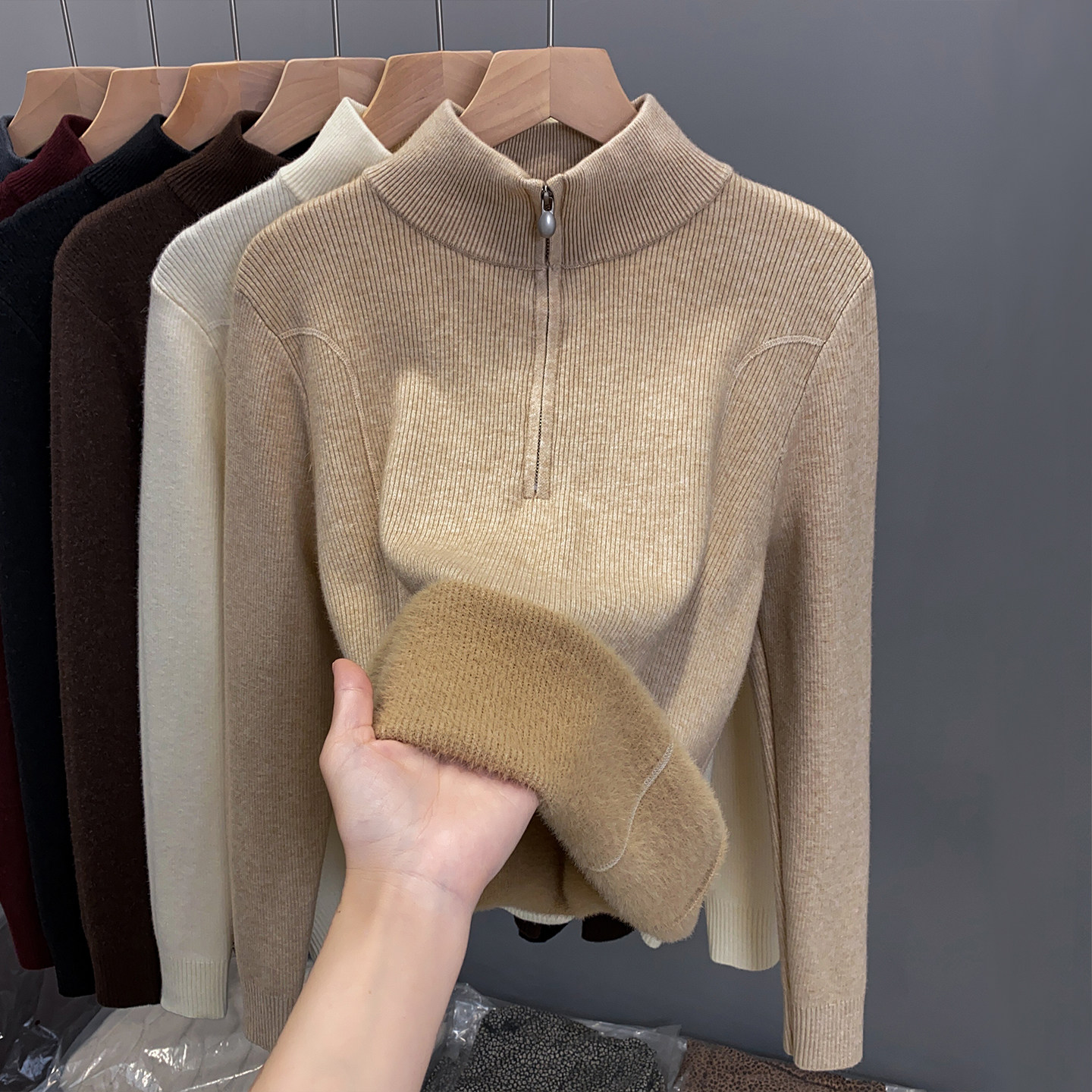 一体绒半高领毛衣拉链加绒打底衫