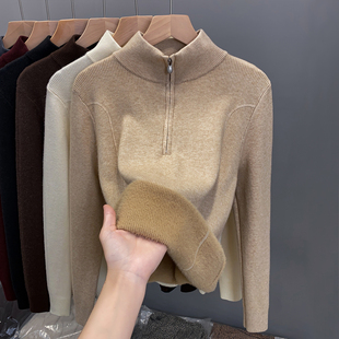 一体绒半高领毛衣女拉链加绒加厚打底衫2025秋冬新款针织衫上衣潮