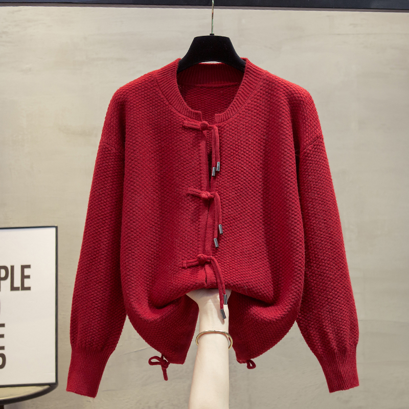 圆领毛衣外套女国风针织开衫女潮