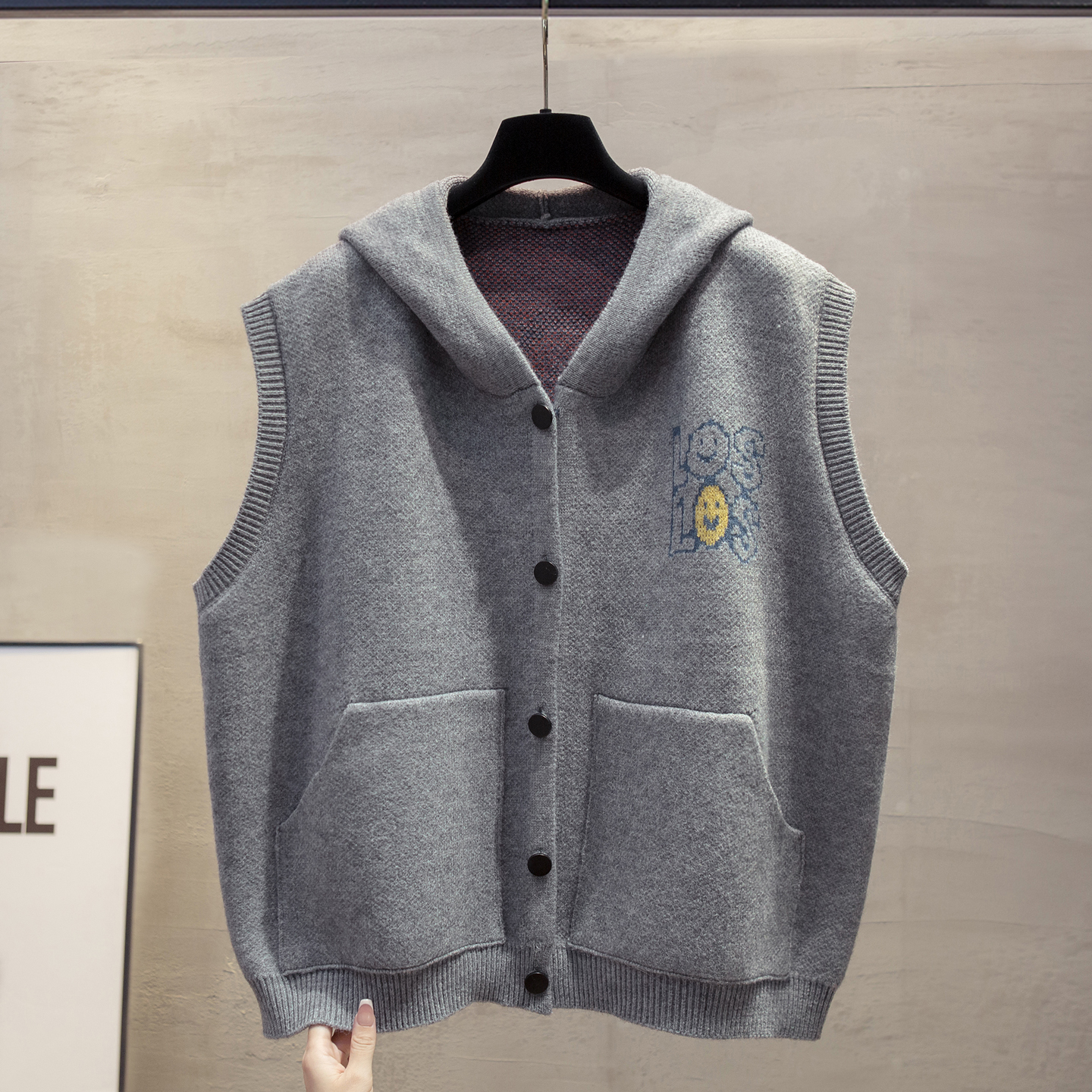 连帽大码开衫针织马甲女毛衣坎肩