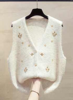 绣花开衫v领针织马甲背心女2026春秋冬新款宽松外穿马夹毛衣坎肩