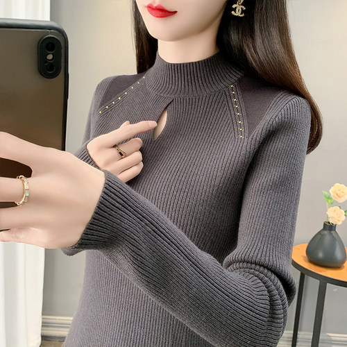 蕾丝钉珠半高领毛衣女内搭打底衫