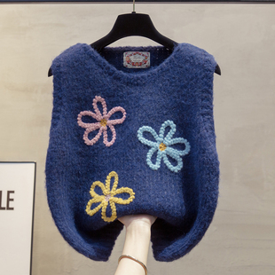 粗针圆领绣花针织马甲背心女2025秋冬新款宽松外穿马夹毛衣坎肩潮