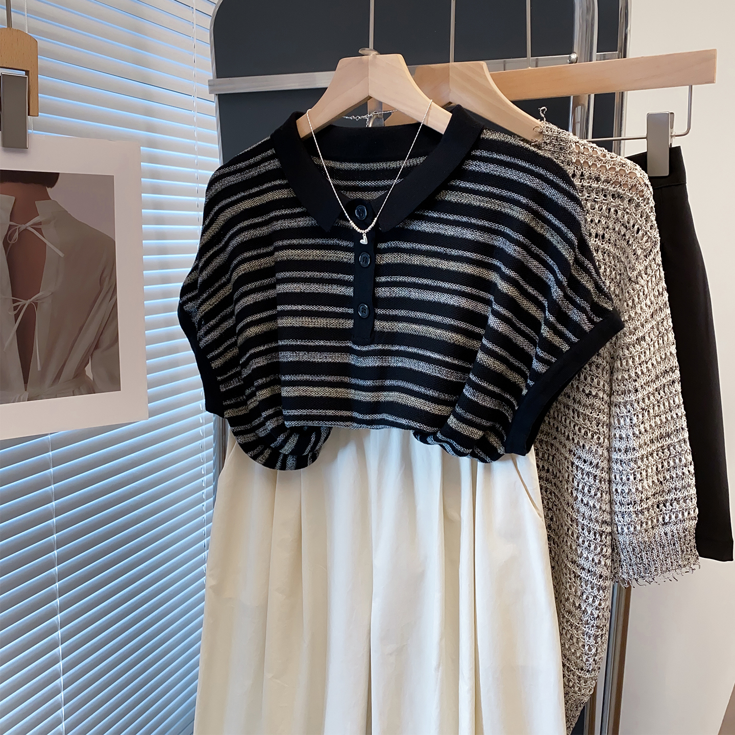 天丝亚麻polo领条纹针织衫薄T恤