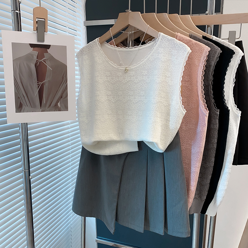 冰丝圆领针织背心女蕾丝薄t恤衫
