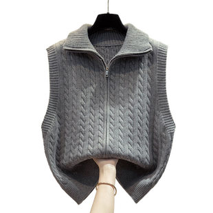 麻花高领拉链针织开衫马甲背心女2025秋冬新款宽松外穿马夹毛衣坎