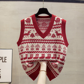 红色v领针织马甲背心女2025秋冬新款 宽松外穿马夹叠穿毛衣坎肩潮