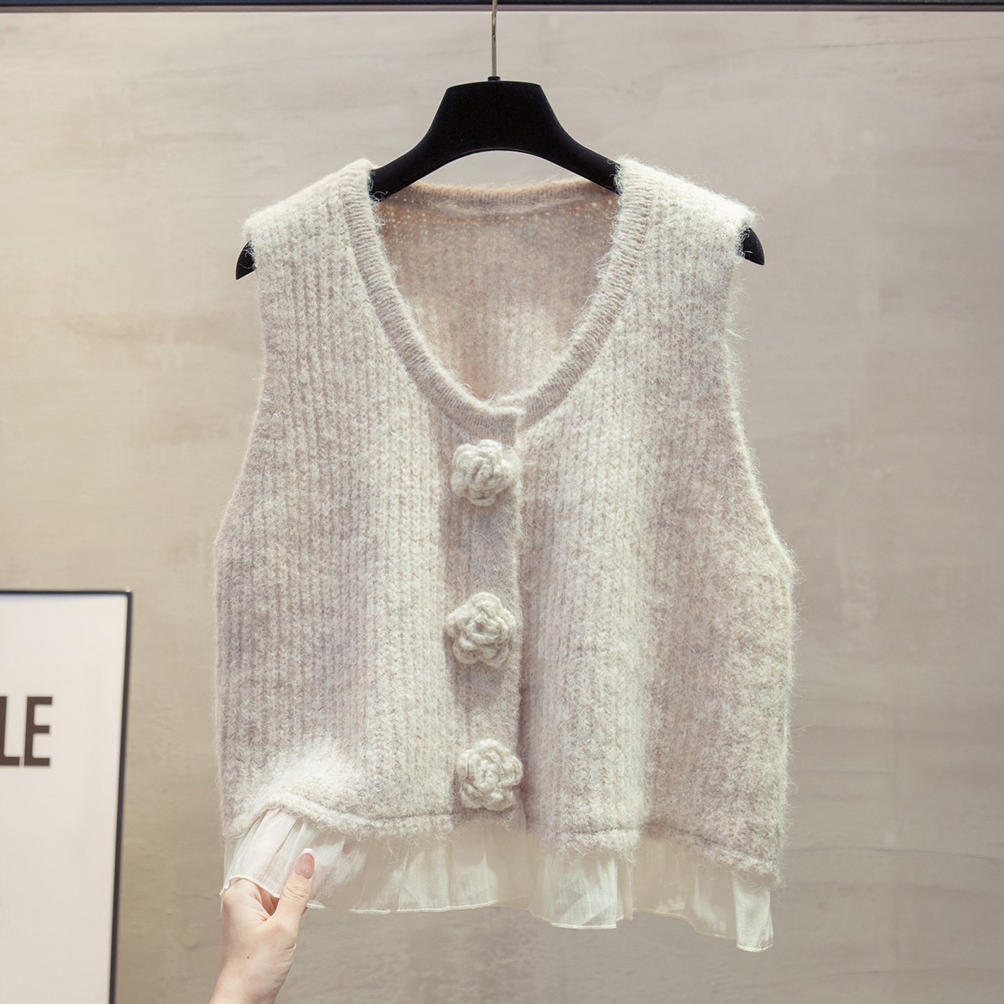羊毛蕾丝开衫针织马甲女毛衣坎肩