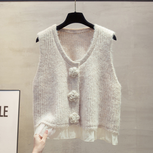 圆领蕾丝开衫针织马甲背心女2025秋冬新款宽松马夹叠穿毛衣坎肩潮