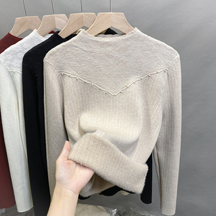 一体绒半高领毛衣女加绒加厚打底衫2025秋冬新款钉珠针织内搭上衣