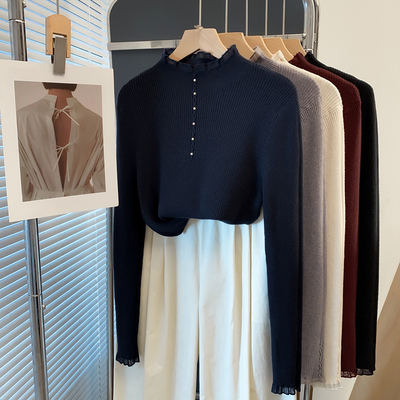 蕾丝半高领毛衣女坑条打底针织衫