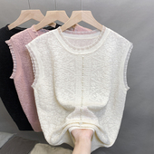 圆领蕾丝针织衫 背心t恤 宽松外穿钉珠上衣内搭无袖 女2025夏装 新款