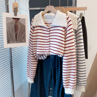 娃娃领条纹毛衣外套女2025秋冬新款 外穿上衣潮 宽松慵懒风针织开衫