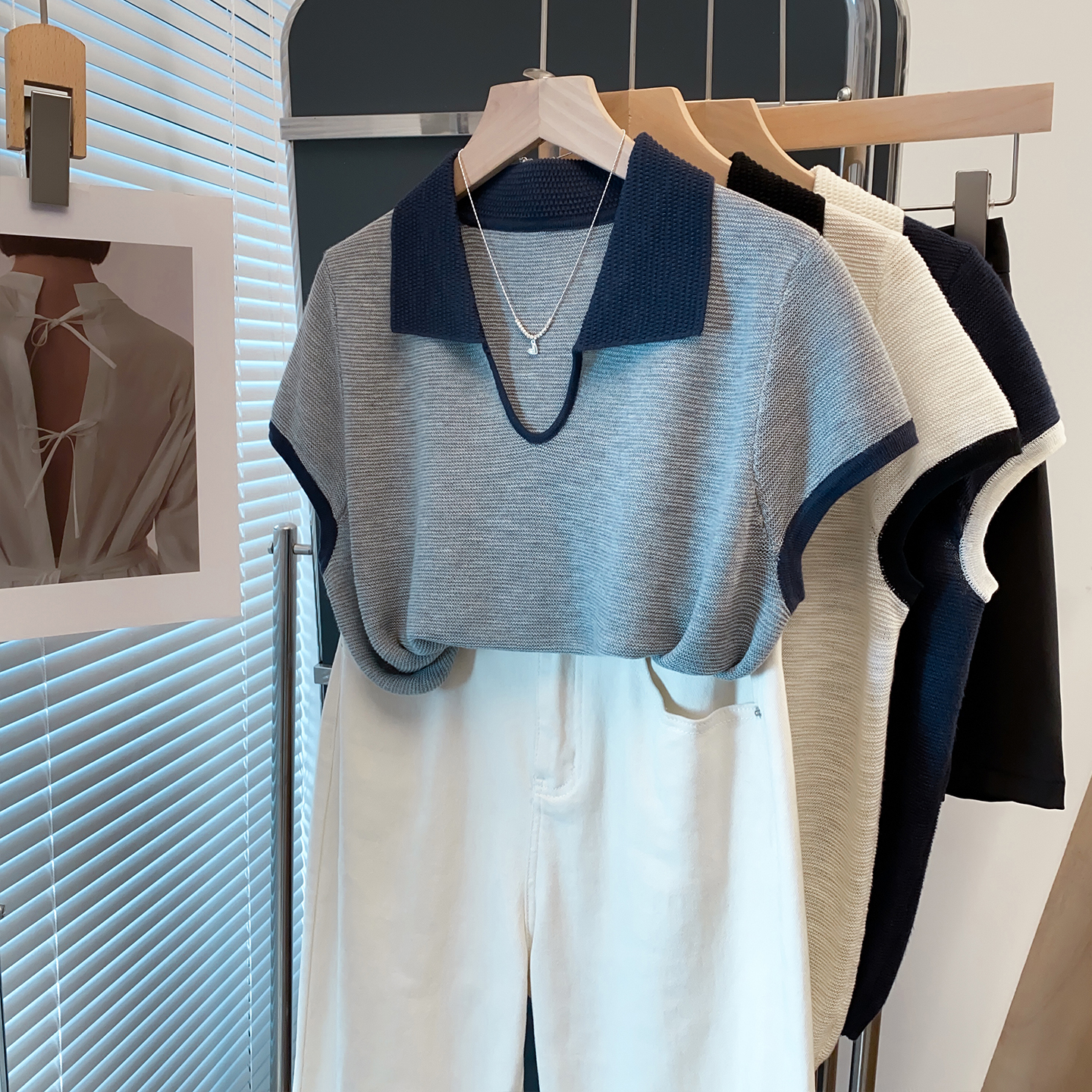 方领飞飞袖竹节麻针织衫短袖t恤