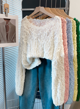 花纱一字领镂空麻花毛衣女套头2025初秋新款宽松慵懒风上衣针织衫