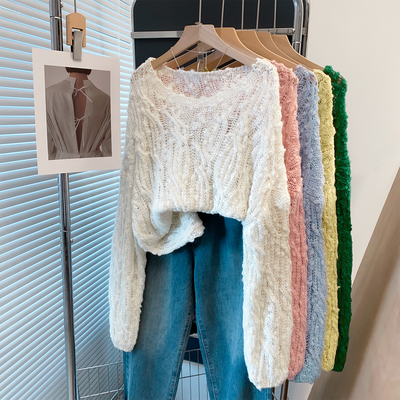 羊毛花纱一字领镂空麻花宽松毛衣