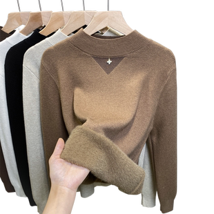 一体绒半高领毛衣女加绒加厚打底衫2025秋冬新款针织衫内搭上衣潮