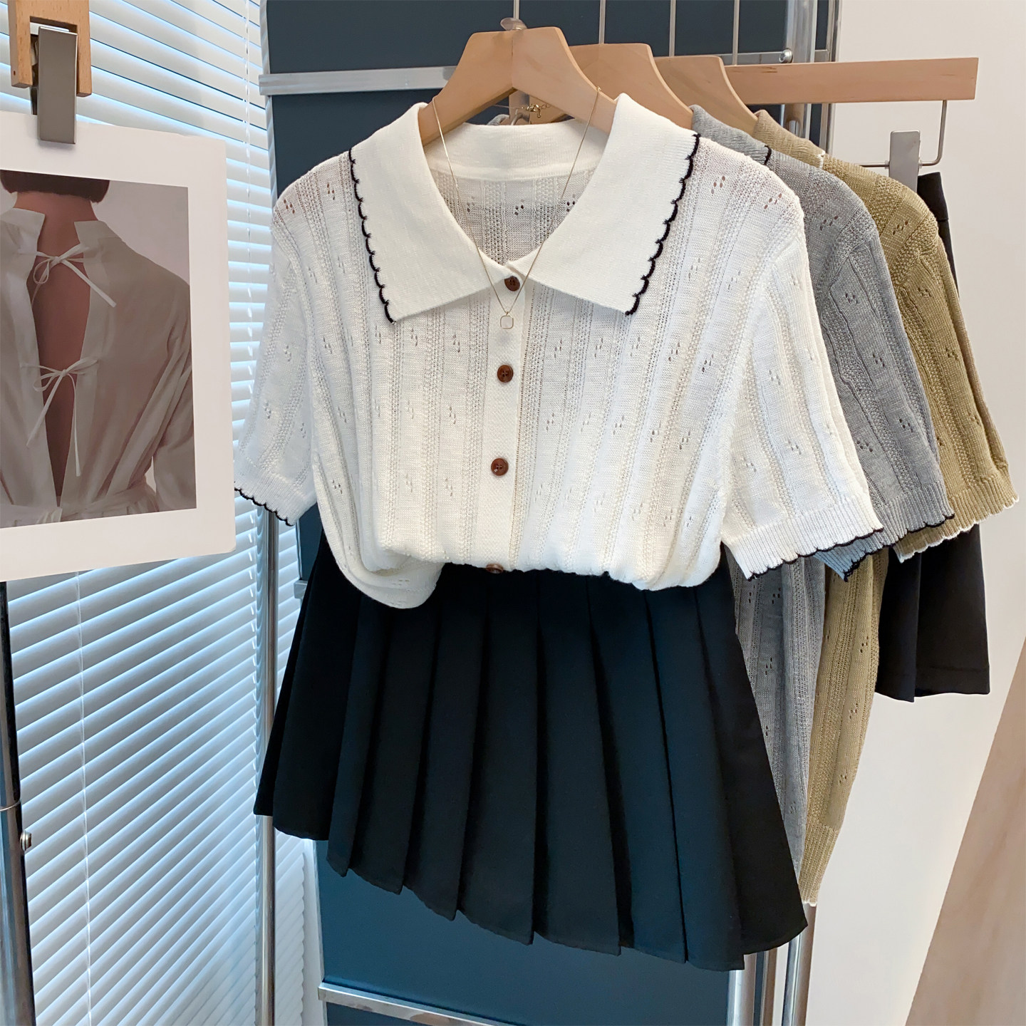 镂空Polo领针织开衫女薄短袖T恤图片