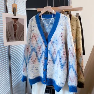 拉绒v领毛衣外套女2025秋冬新款宽松慵懒风外穿针织开衫加厚上衣