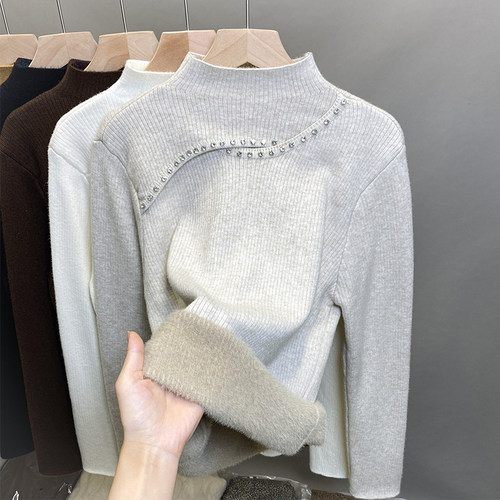 一体绒半高领毛衣钉珠加绒打底衫