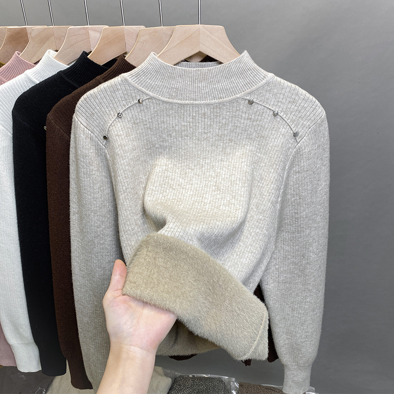 加绒半高领毛衣女一体绒厚打底衫