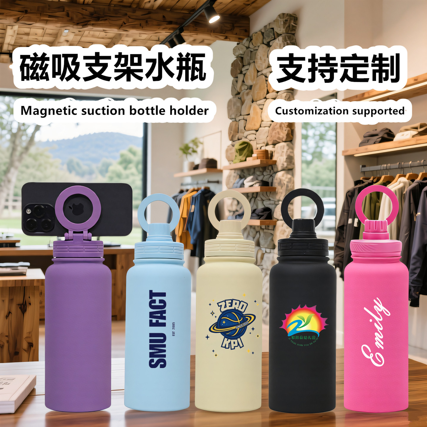 个性定制不锈钢水瓶订制磁吸盖手机支架水壶印logo户外露营保温杯