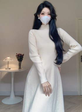 Amy的店外贸品质针织半高领打底针织连衣裙设计感修身a字内搭长裙