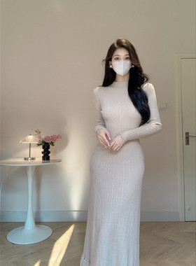 Amy的店外贸品质针织加厚鱼尾连衣裙秋冬长款过膝气质打底毛衣裙