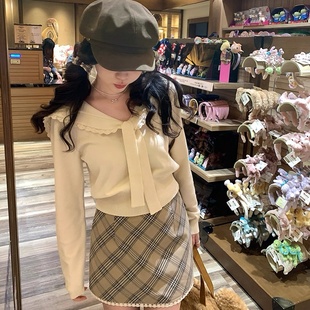 秋冬针织上衣花边海军领绑带针织衫女秋韩系少女显瘦长袖上衣女