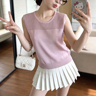 网格圆领休闲风修身 型外穿针织上衣高级感 粉色背心女内搭新款 无袖