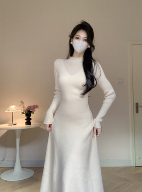 Amy的店外贸品质针织连衣裙秋冬内搭长款鱼尾裙修身包臀微透长裙