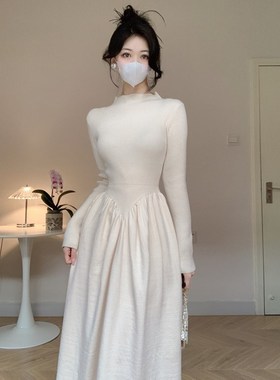 Amy的店外贸品质针织秋冬女士毛衣裙半高领收腰褶皱大摆裙A字裙女