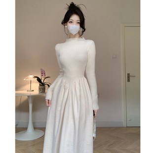 Amy 店外贸品质针织秋冬女士毛衣裙半高领收腰褶皱大摆裙A字裙女