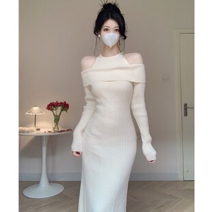 针织鱼尾长裙 露肩假两件一字肩修身 Amy 店外贸品质针织秋冬新款