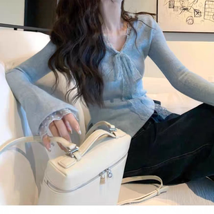 韩系甜美蓝色蕾丝v领蝴蝶结系带针织衫女秋季绝美内搭打底衫上衣