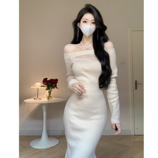 包臀性感一字肩鱼尾连衣裙 露肩修身 Amy 店外贸品质针织秋冬新款