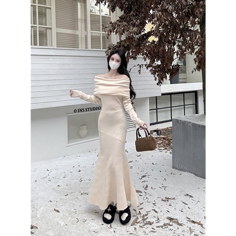一字肩针织连衣裙女秋冬修身显瘦气质包臀鱼尾裙韩版女装内搭长款