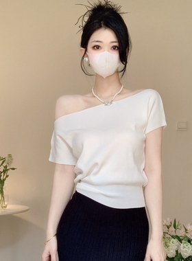 夏季女士短款冰丝针织衫上衣t恤短袖修身露肩一字领薄款显瘦小衫