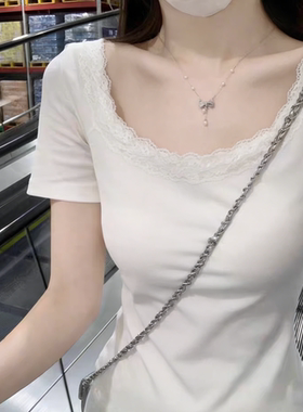 白色蕾丝方领短袖T恤女修身显瘦高级感上衣纯色针织衫蕾丝边女装
