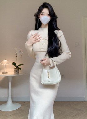 Amy的店外贸品质针织连衣裙假两件旗袍风气质长款内搭打底鱼尾裙