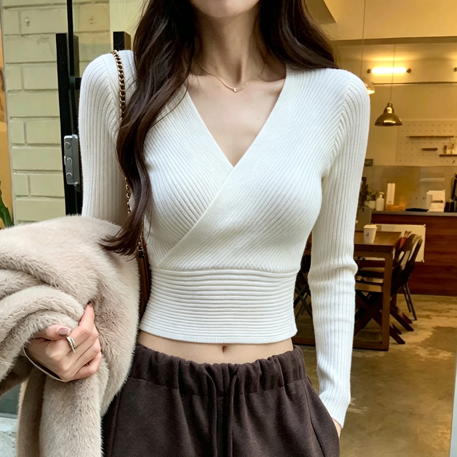纯欲辣妹性感v领针织打底衫春秋冬修身显瘦洋气内搭短款毛衣上衣