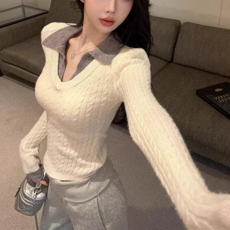 适中v领麻花通勤风套头针织上衣