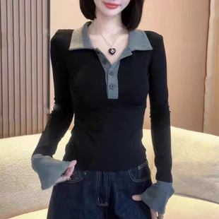 2025新款 撞色polo衫 打底针织衫 修身 女秋冬穿搭内搭上衣 翻领喇叭袖