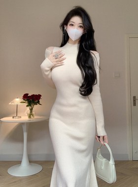 Amy的店外贸品质针织连衣裙显高修身包臀裙长款半高领开叉毛衣裙