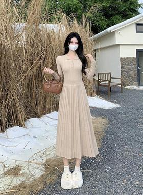 Amy的店外贸品质针织连衣裙高腰显瘦POLO领长款A字裙毛衣裙24新款