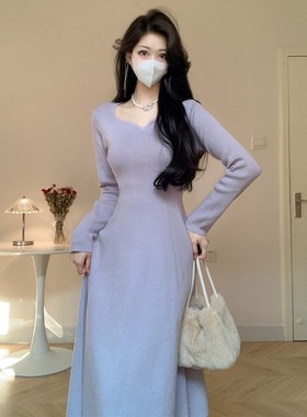 Amy的店外贸品质针织打底针织连衣裙女2025秋冬设计感A字大摆长裙