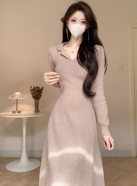 Amy的店外贸品质针织连衣裙秋冬翻领修身百搭打底裙子内搭毛衣裙