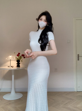 Amy的店外贸品质针织连衣裙夏新款长款微透拼接时尚半高领长裙女