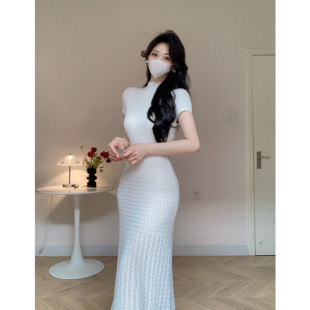 微透拼接时尚 长款 半高领长裙女 店外贸品质针织连衣裙夏新款 Amy